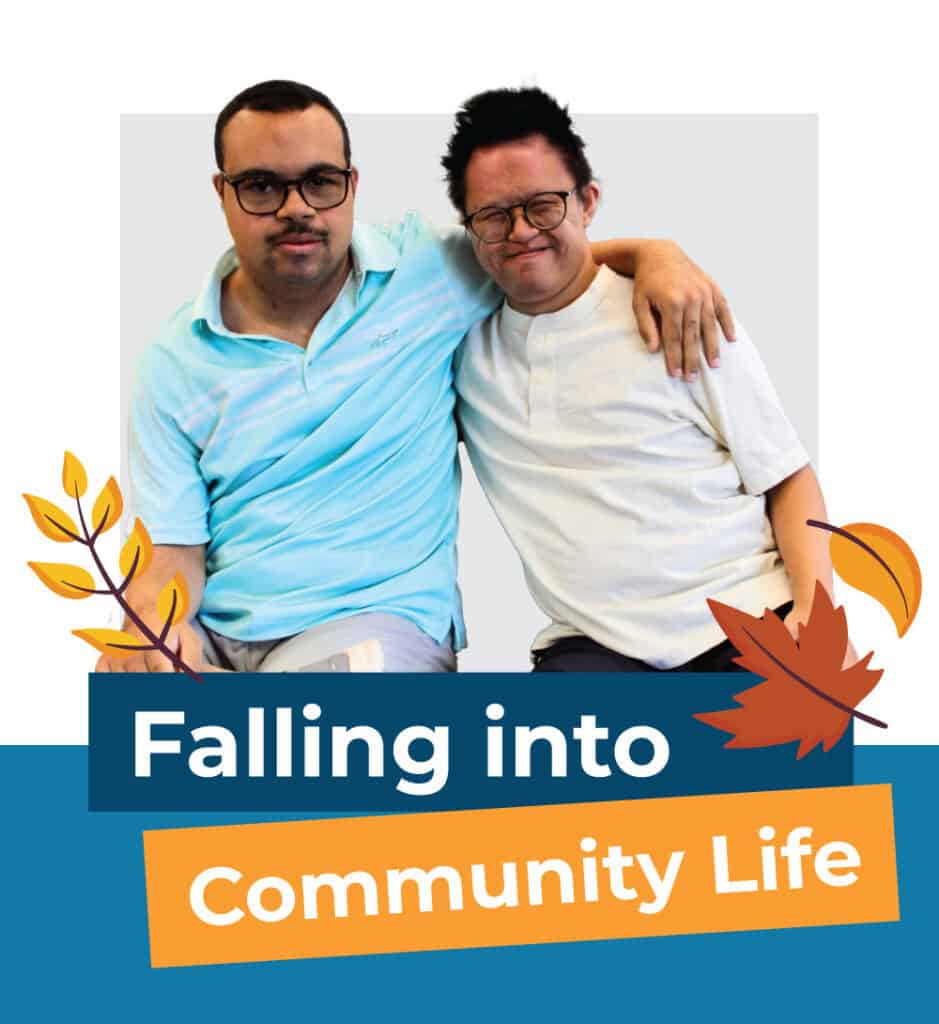 falling into community life image with two adults with arms around shoulders