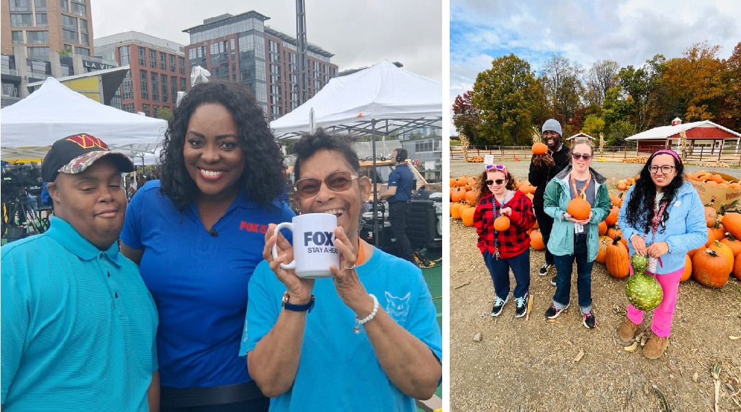 people at Fox event holding a coffee mug, people at a pumpkin patch