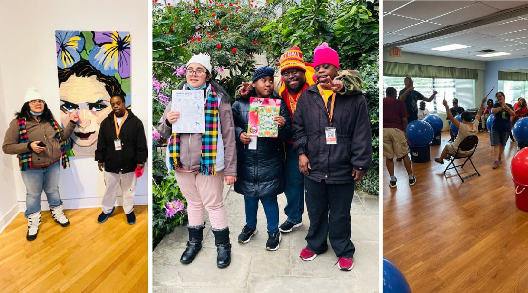 people at a museum, outdoor event, and in a gym