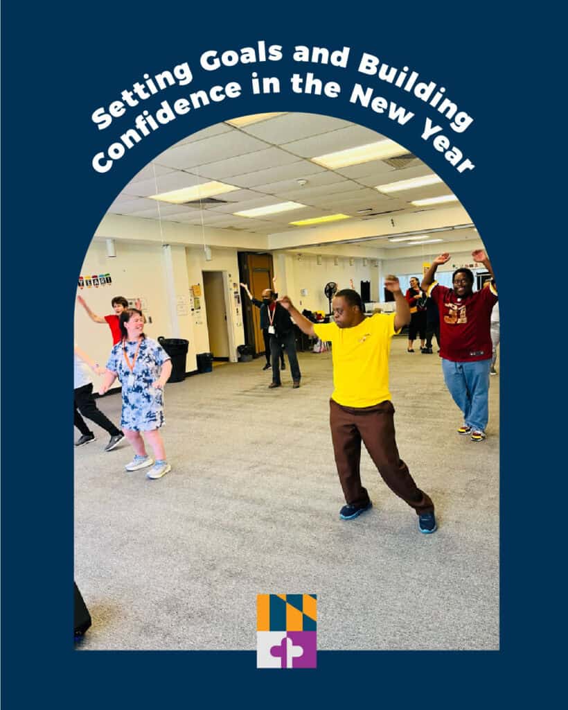 group of people we support doing zumba and smiling