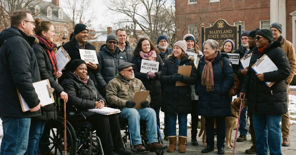 group of people outside maryland state building