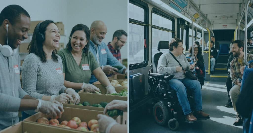 photo of people volunteering and laughing, photo of people with disabilities riding a public bus