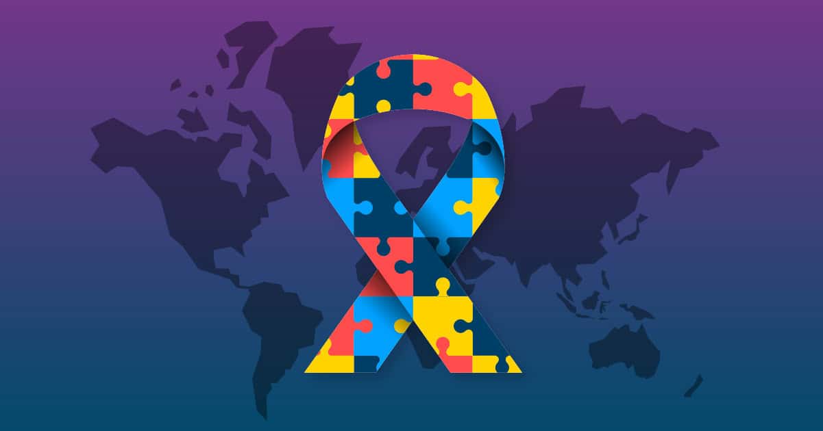 autism awareness month gradient background with puzzle piece ribbon